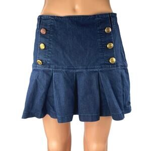 E-Land Blue Gold Button Flare Pleated Side Zip A Line Denim Jean Skirt Size S